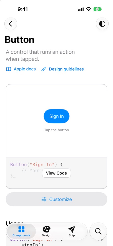 The Button page with a live preview, its code, and a Customize button