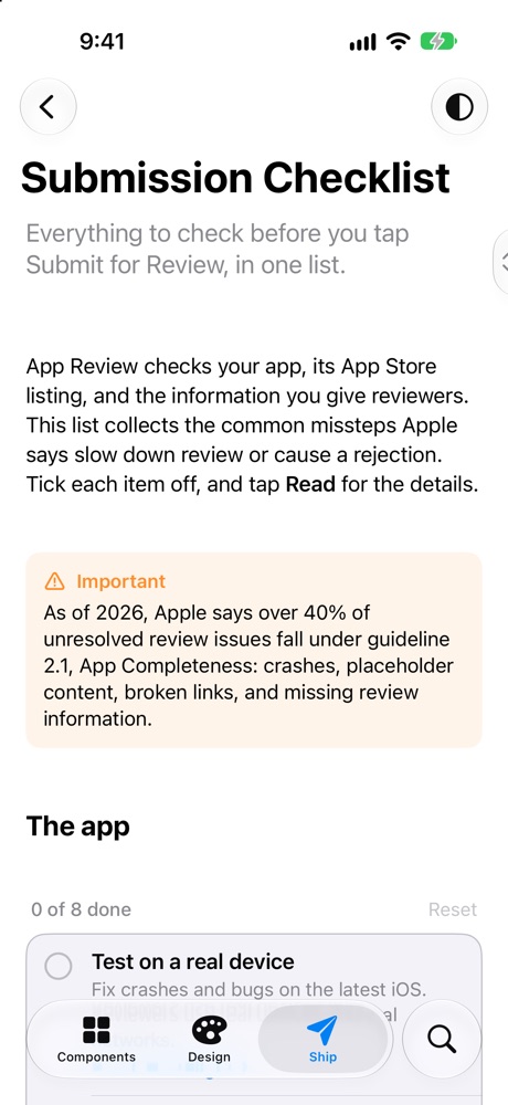 The Submission Checklist page with items to tick off before App Review