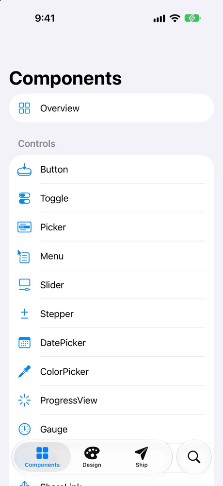 The Components tab, listing controls like Button, Toggle, and Picker