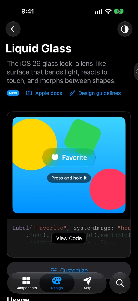 The Liquid Glass page in dark mode, showing a glass button over colored shapes
